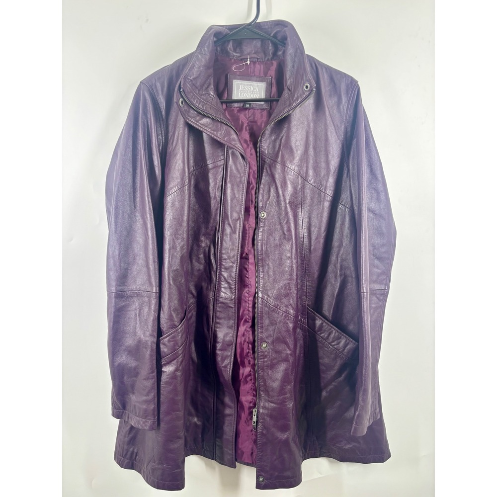Jessica London Purple Leather Jacket Womens 10 Longline Zip Front Coat Plum